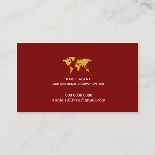 深いレッド金ゴールドワールドマップトラベルエージェント 名刺 (裏面)