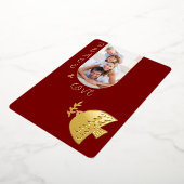 深いレッド、バターイエロー&金ゴールドクリスマスフォト 箔シーズンカード (回転した状態)