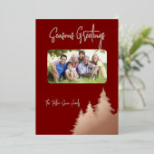 深いレッド&バラ金ゴールドクリスマスツリーズ写真 箔シーズンカード (立ち正面)