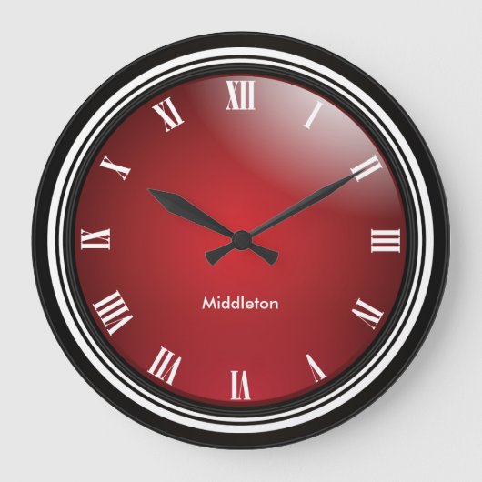 深いレッド、ブラック&ホワイト、ローマ数字 ラージ壁時計 (正面)