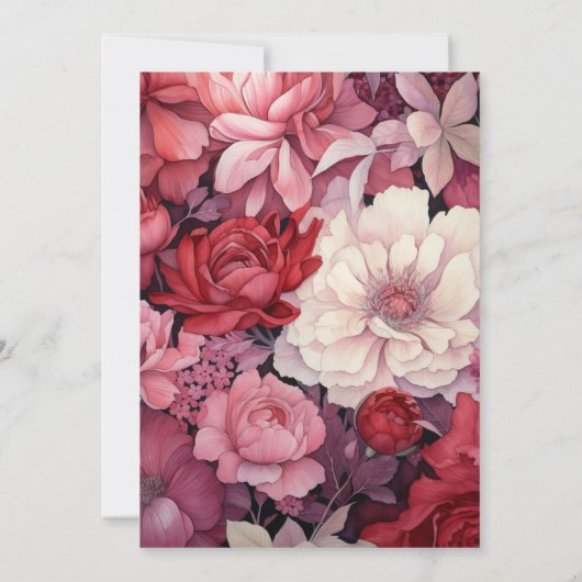 深いレッド、赤面ピンクとシルバーのフローラ結婚 招待状 (裏面)