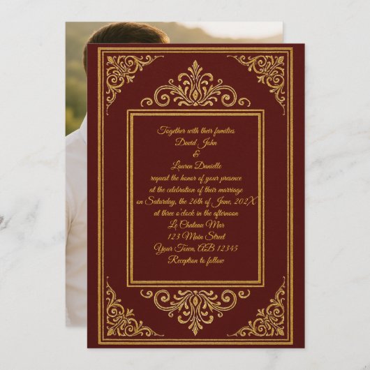深いレッド&金ゴールドエンボスフィリグリー写真招待状 招待状 (正面/裏面)