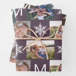 深い冬の雪片モノグラムフォトコラージュ ラッピングペーパーシート