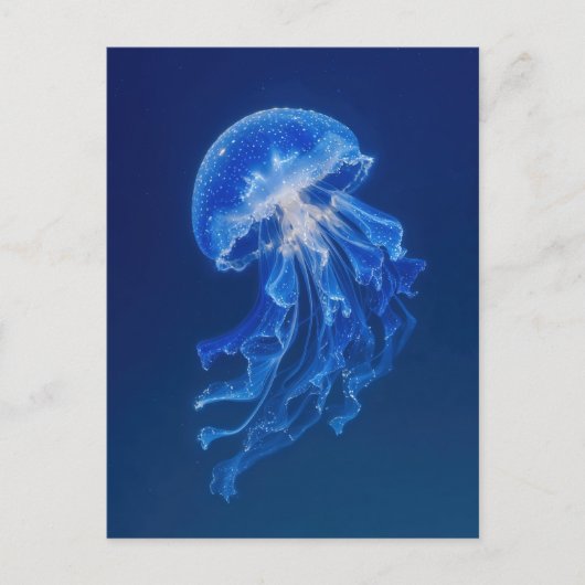深い星空の夜の海で輝く青いクラゲ ポストカード (正面)