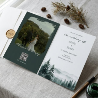 深い森の山の結婚式の写真QRコード 招待状