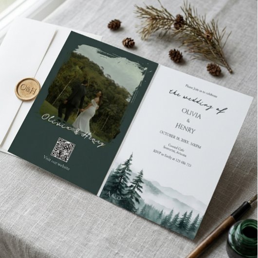 深い森の山の結婚式の写真QRコード 招待状
