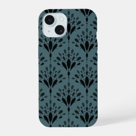深い森の緑の植物画とフラワーモチーフのフォークアート iPhone 15ケース