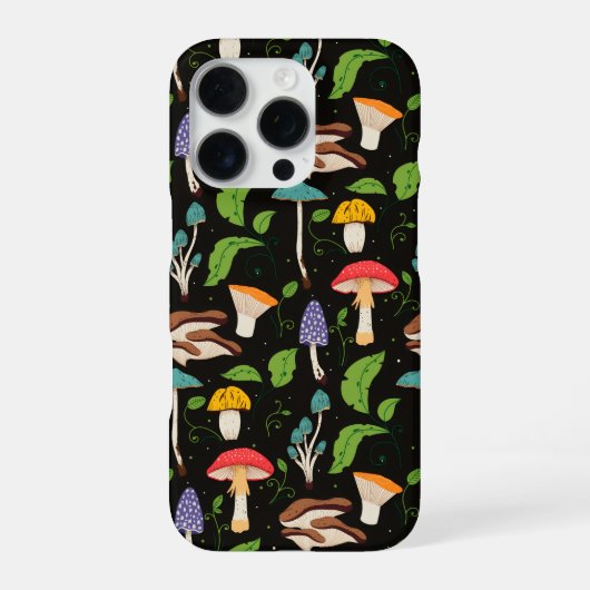 深い森の魔法: 黒地に色とりどりのキノコ iPhoneケース (裏面)