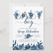 深い海軍フローラシルバーレターズ男の赤ちゃん坊保 招待状 (正面)