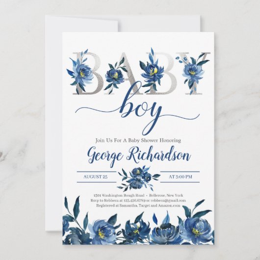 深い海軍フローラシルバーレターズ男の赤ちゃん坊保 招待状 (正面)