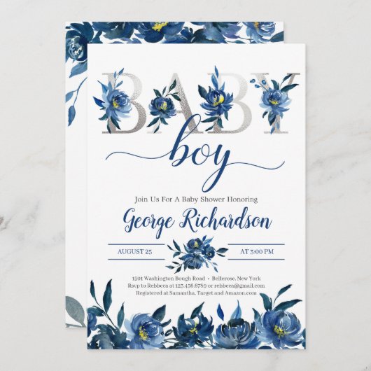 深い海軍フローラシルバーレターズ男の赤ちゃん坊保 招待状 (正面/裏面)