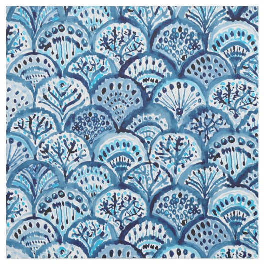 深い生命魚スケールの人魚の帆立貝の水彩画 ファブリック (見本)