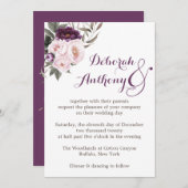 深い素朴パープルピーニーフローラ結婚ズカード 招待状 (正面/裏面)