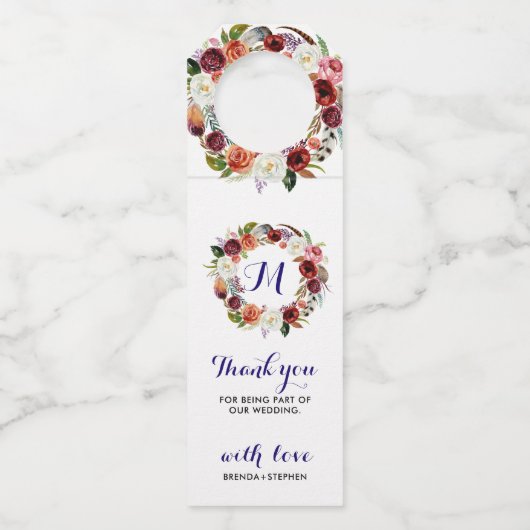 深い紫と白の花リース – ありがとう ボトルネックタグ (正面)