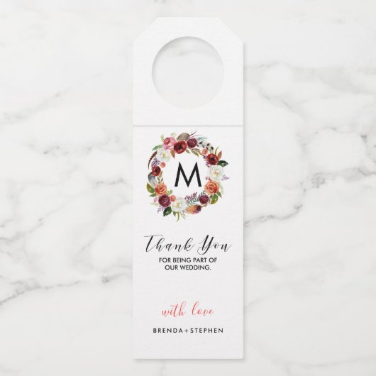 深い紫と白の花リース – ありがとう ボトルネックタグ (裏面)