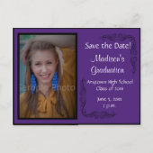 深い紫の写真の卒業日付カードを保存 案内ポストカード (正面)