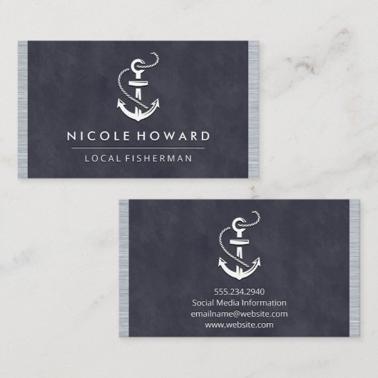 深い紫色のテクスチャメタルトリム |いかりアイコン 名刺 (正面/裏面)