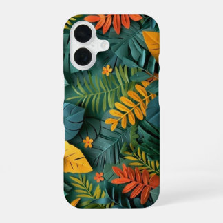 深い緑とオレンジの切り絵トロピカルジャングル iPhone 16ケース