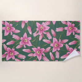 深い緑の中に咲くユリ ビーチタオル