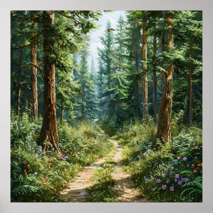 🌲 深い緑の松林の靄景色 自然 ポスター