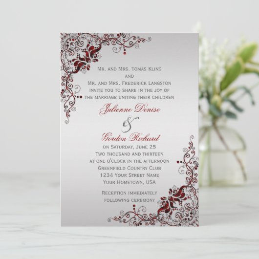 深い華美赤と銀のフローラ渦巻き結婚式 招待状 (スタンド正面)