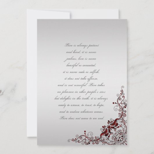 深い華美赤と銀のフローラ渦巻き結婚式 招待状 (裏面)