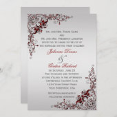 深い華美赤と銀のフローラ渦巻き結婚式 招待状 (正面/裏面)