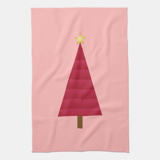 深い赤いダマスクモダンクリスマスツリー キッチンタオル (縦)