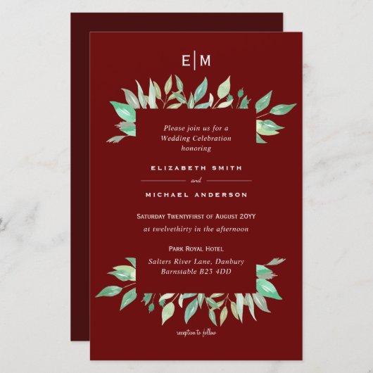 深い赤い緑葉の予算の結婚式の招待A9 (正面/裏面)