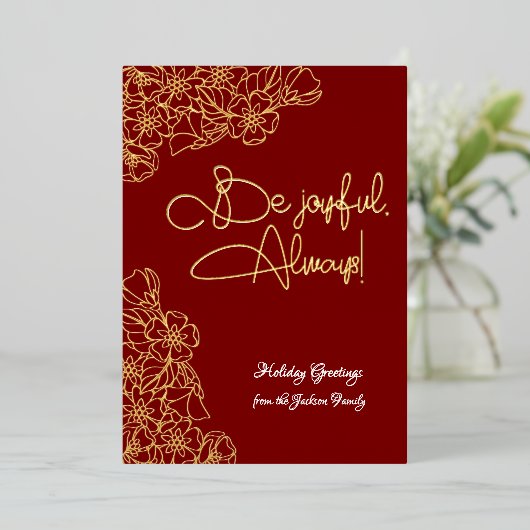 深い赤と金ゴールドフローラ喜ばしい写真クリスマス 箔シーズンカード (立ち正面)