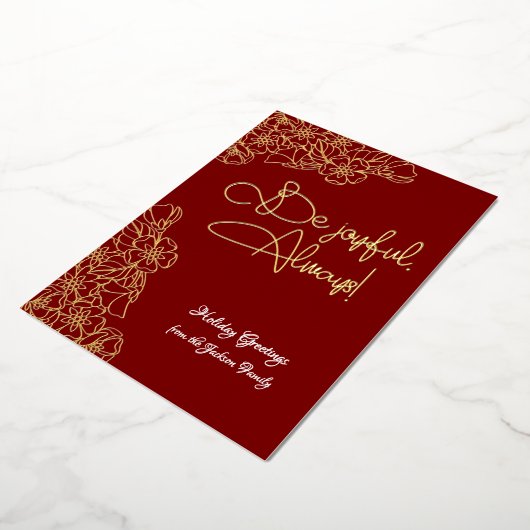 深い赤と金ゴールドフローラ喜ばしい写真クリスマス 箔シーズンカード (回転した状態)