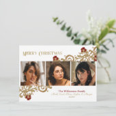 深い赤と金ゴールド渦巻きメリークリスマスフォト シーズンカード (スタンド正面)