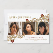 深い赤と金ゴールド渦巻きメリークリスマスフォト シーズンカード (正面)