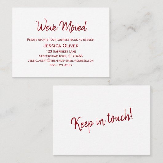 深い赤の白い「引っ越しました」カード 名刺 (正面/裏面)