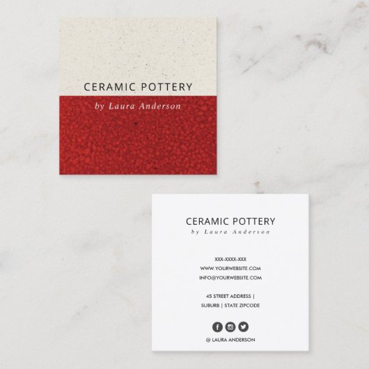 深い赤セラミック焼き物艶出しテクスチャ スクエア名刺 (正面/裏面)