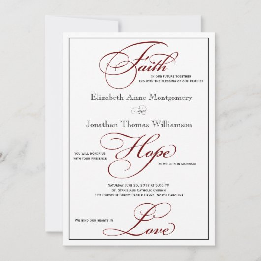 深い赤信希望ラブスクリプト結婚式招待状 招待状 (正面)