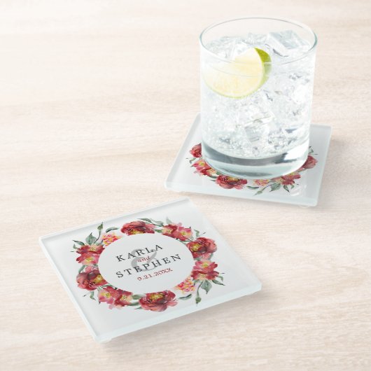 深い赤水彩花結婚のリース ガラスコースター (アングル)