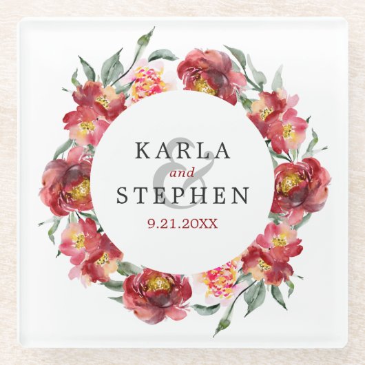 深い赤水彩花結婚のリース ガラスコースター (正面)