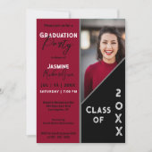 深い赤黒モダン写真卒業パーティー 招待状 (正面)