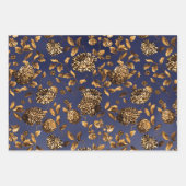 深い金ゴールドダリアスフローラつる植物オンネイビーブルーグラデーション ラッピングペーパーシート (正面2)