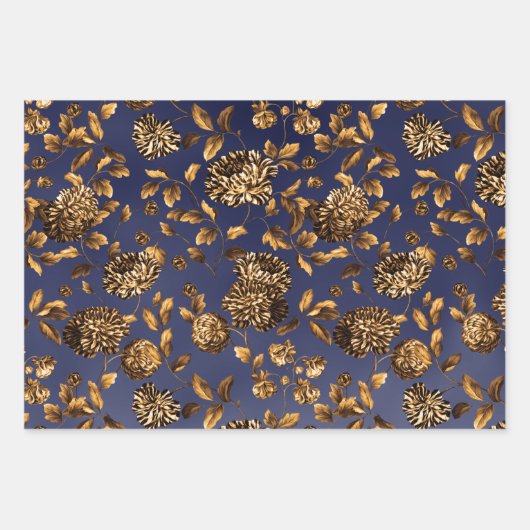 深い金ゴールドダリアスフローラつる植物オンネイビーブルーグラデーション ラッピングペーパーシート (正面2)