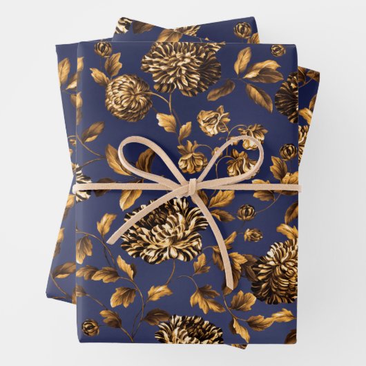 深い金ゴールドダリアスフローラつる植物オンネイビーブルーグラデーション ラッピングペーパーシート (インサイチュ)