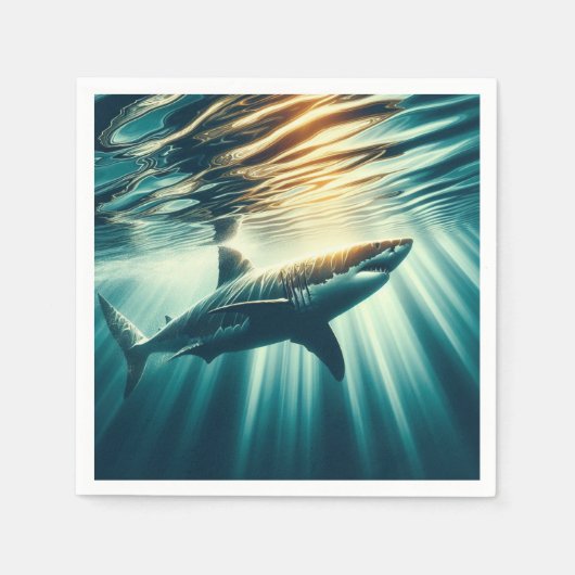 深い青い海のサメと太陽の光 スタンダードカクテルナプキン (正面)