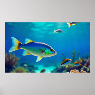 深い青い海の水中を漂う熱帯魚 ポスター