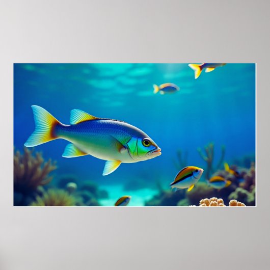 深い青い海の水中を漂う熱帯魚 ポスター (正面)