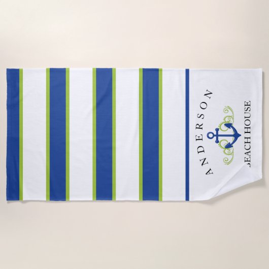 深い青い縞の名前入りなビーチハウス ビーチタオル (正面)