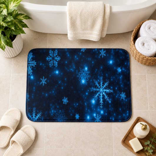 深い青と輝く雪の結晶 ラージ バスマット