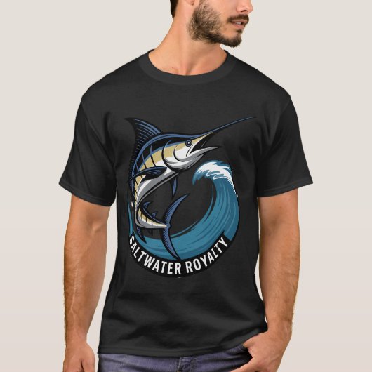 深い青のマカジキ - 波をサーフィンするブルーマーリン Tシャツ (正面)