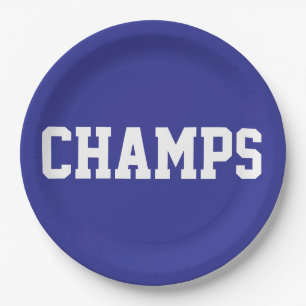 深い青色の背景に白文字のCHAMPSが映えるスポーツデザイン ペーパープレート