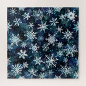 深い青色の魔法の冬の夜に降る雪片 ジグソーパズル (横)